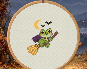Broomstick Frog Counted Cross Stitch PDF Pattern, Halloween Digital Download