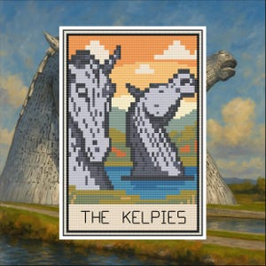 May include: A cross-stitch pattern featuring The Kelpies, two large horse-head sculptures. The design includes a sunset sky, water, and the text "THE KELPIES" at the bottom. The background shows the actual sculptures.