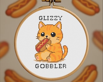 Glizzy Gobbler Cat – Hot Dog Cross Stitch Pattern PDF – Digital Download