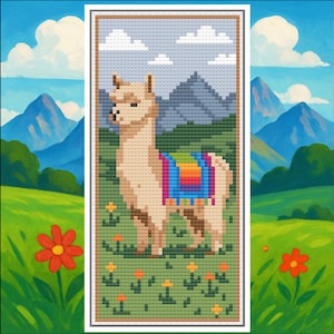 May include: A cross-stitch design of a llama wearing a colorful blanket, set against a backdrop of mountains and a blue sky with clouds. The llama stands in a field of green grass and flowers. The artwork is framed in a white border.
