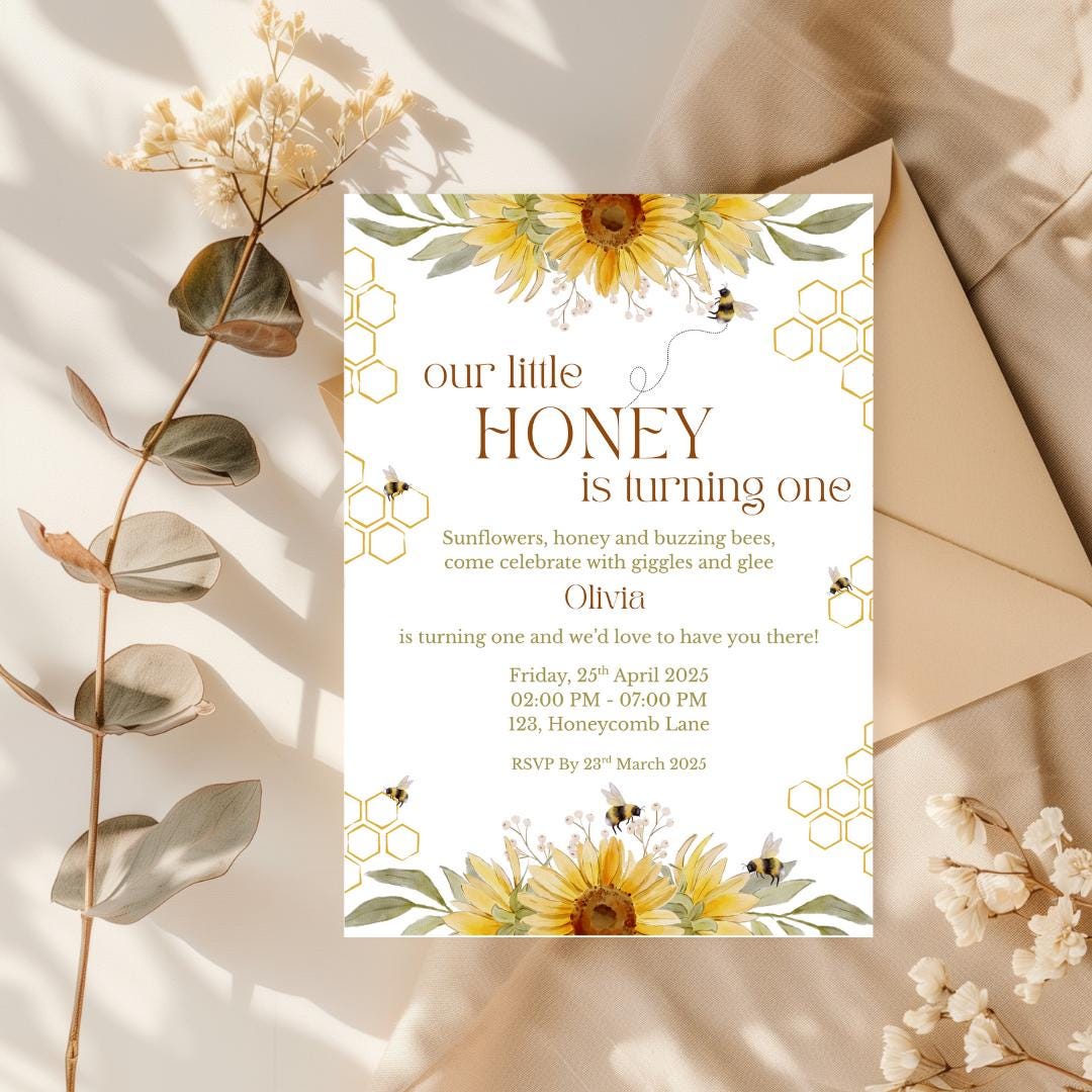 Sunflower Honey Bee 1st Birthday Invitation: Editable Canva Template ...