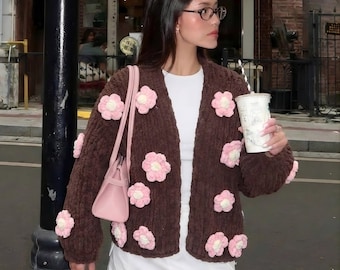 Handmade Brown Chunky Knit Cardigan with 3d Pink Flowers – Cozy Oversized Style Spring Layering, Soft Woolen Romantic Boho Sweater