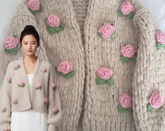 Romantic Rose Detail Chunky Knit Valentine Sweater – Soft Plush Handmade Rose Appliqué Design, Kawaii Spring Layering Cardigan