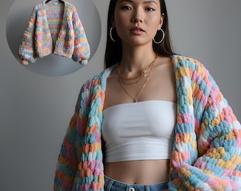 ハンドメイドのチャンキーニットクロップドバレンタインカーディガン、サンセットシャーベットセーター、YeldByHandの着心地の良いニットウェア、バルーンスリーブのパフィーウィンターコート＆ジャケット