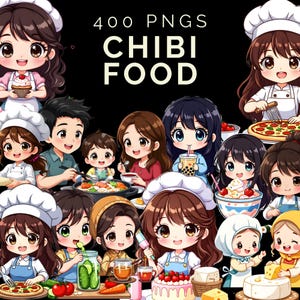 Chibi Anime Food Characters Clipart Bundle - 400 High-Quality PNGs for Creative Projects - Instant Digital Download