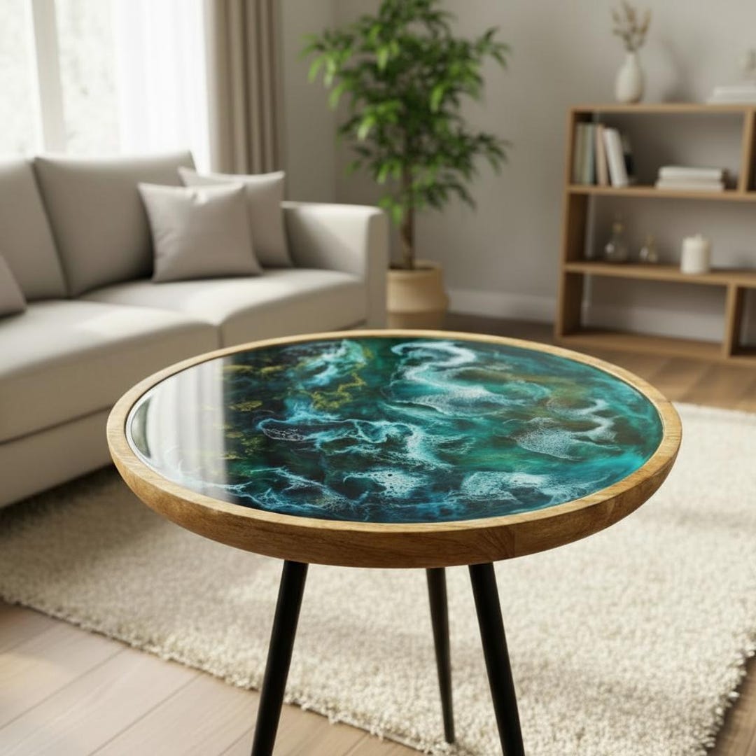 Ocean Epoxy Coffee Table – Handmade(acacia) Epoxy Art Table, Round ...
