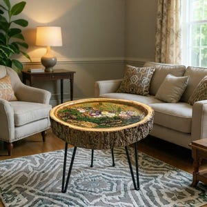 May include: A round coffee table with a natural wood bark edge and a resin top featuring a floral design. The table has black metal hairpin legs. The table is approximately 30 inches in diameter.