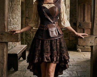 Steampunk Pirate Corset Dress Plus Size, Brown Faux Leather Renaissance Costume, Halloween Festival Outfit for Women