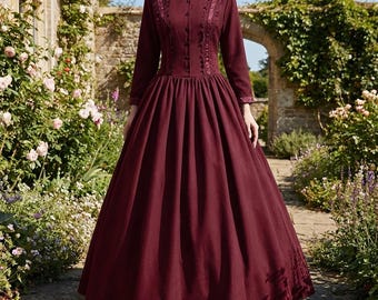 Victorian Gothic Burgundy Ball Gown Dress, Renaissance Royal Masquerade Gown, Long Sleeve Vampire Wedding Costume for Women