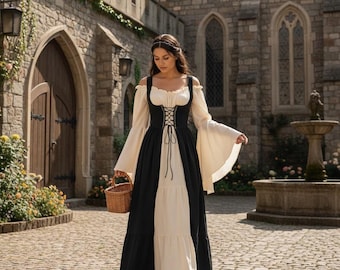 Women's Medieval Renaissance Dress – Long-Sleeved Corset | Fairy Fantasy Peasant Dress LARP, Burgundy Black Green Blue