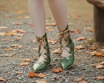 Elf Leaf Medieval Boots, Fantasy Elf Lace-Up Shoes, Gothic Woodland Footwear for LARP, Ren Faire & Cosplay Gift