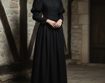 Victorian Mourning Dress, Gothic Black Gown, 19th Century Steampunk Costume, Dark Academia Victorian Dress for Women
