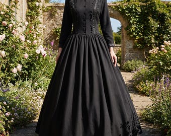 Victorian Gothic Black Ball Gown Dress, Renaissance Royal Masquerade Gown, Long Sleeve Vampire Wedding Costume for Women