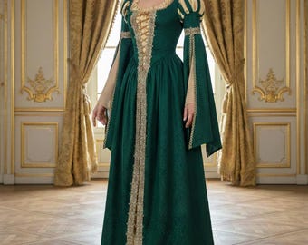 Renaissance Fair Dress, Medieval Lace Sleeve Gown, Viking Fantasy Cosplay Dress, Vintage Ren Faire Costume for Women