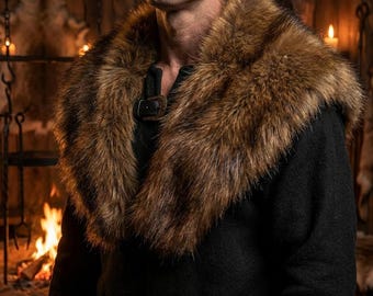 Viking Fur Mantle Collar, Faux Fur Shoulder Cape, Medieval Norse Warrior Cloak, LARP & Ren Faire Costume Accessory