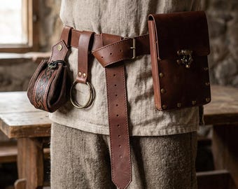 Medieval Viking Belt Set with Waist Bag, Renaissance Cosplay Belt, Faux Leather LARP Accessory, Ren Faire Costume for Men & Women