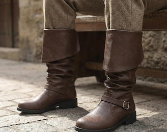 Medieval Unisex Boots Renaissance Faire LARP Ranger Pirate Boot Brown PU Leather Warrior Viking Cosplay