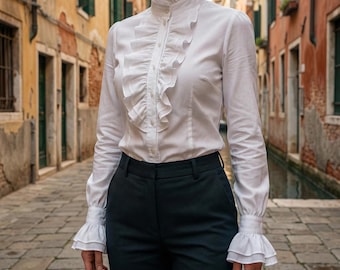 Victoriaanse blouse met ruchesmouwen, renaissancestijl, zwart-wit top, gotische top met hoge hals, steampunk shirt, vintage cosplay cadeau voor haar