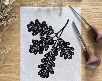 Oak Leaves Original Limited Edition Linocut Print, Handmade Wall Art