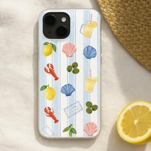 Türkische iPhone Hülle – Küstenstreifen mit Zitronen, Hummer, Oliven & Muscheln – Geschenk Sommer & Strand