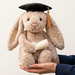 Peluche de remise des diplômes universitaire, lapin mignon avec casquette souvenir pour elle, peluche personnalisée de lapin de remise des diplômes, lapin avec nom, cadeau de baby shower