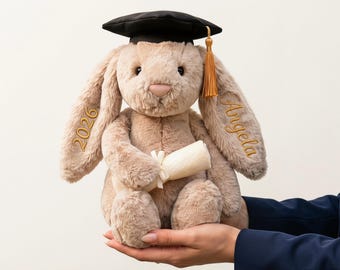 University Graduation Plush, Cute Bunny with Cap Keepsake for Her, Personalized Graduation Bunny Plush, Bunny with Name, Baby Shower Gift