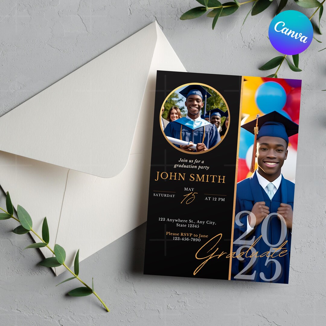 Black and Gold Graduation Party Invitation: Class of 2025 (canva ...