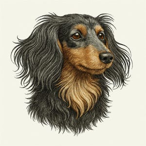 Könnte beinhalten: Detaillierte Illustration eines langhaarigen Dackelhundes. Der Hund hat ein schwarz-braunes Fell mit langem, fließendem Haar. Die Augen des Hundes sind braun und er hat eine schwarze Nase. Das Kunstwerk ist vor einem schlichten, cremefarbenen Hintergrund.