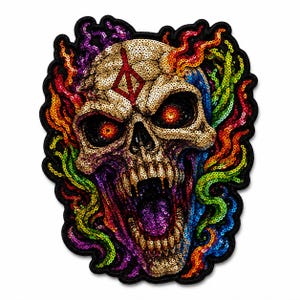 Puede incluir: Un parche bordado con lentejuelas que muestra una calavera beige con un símbolo geométrico rojo en la frente y ojos rojos brillantes. La calavera está rodeada por llamas multicolores en tonos morado, azul, verde, amarillo y naranja.