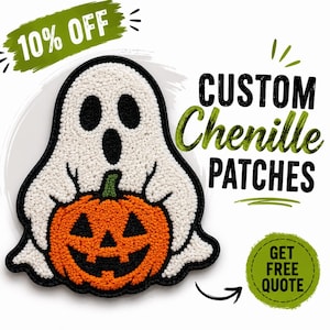 May include: A white chenille ghost patch holding an orange jack-o'-lantern pumpkin with a green stem. The patch features black outlines and facial details. Text on the image includes 10% OFF, CUSTOM Chenille PATCHES, and GET FREE QUOTE.
