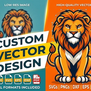 Puede incluir: Un gráfico digital que presenta una ilustración de un león estilizado con pelaje naranja y pecho blanco. El texto dice CUSTOM VECTOR DESIGN, LOW-RES IMAGE, HIGH-QUALITY VECTOR y ALL FORMATS INCLUDED, con iconos de archivos PNG, SVG, EPS, DXF y PDF.