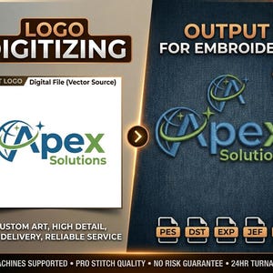May include: An advertisement for logo digitizing services. The image shows the transformation of a digital logo into an embroidery design. Text includes "Logo Digitizing," "Output for Embroidery," and "Apex Solutions." The image also highlights file formats and service features.