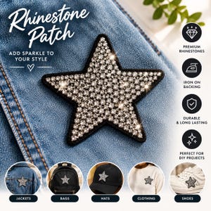 Peut inclure: Un écusson thermocollant en forme d'étoile recouvert de strass transparents étincelants avec une bordure noire. Le texte indique Rhinestone Patch, Add Sparkle To Your Style, Premium Rhinestones, Iron On Backing, Durable & Long Lasting, Perfect For DIY Projects.