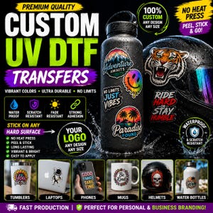 Pegatina de transferencia UV DTF personalizada, calcomanía con logotipo personalizado, pegatina impermeable para vasos, tazas, latas, imagen de marca para empresas.