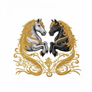 Może przedstawiać: Haftowany wzór przedstawiający dwa konie zwrócone do siebie. Jeden jest biały, drugi czarny, oba ze złotymi grzywami i akcentami. Konie są na białym tle, ze złotym, ozdobnym, wirującym wzorem poniżej.