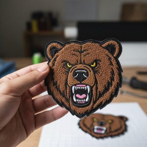 May include: A brown bear head patch with an angry expression, featuring yellow eyes and an open mouth displaying white teeth and a pink tongue. The patch has a textured appearance and a black border.