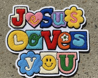 Jesus Loves You Chenille Patch Iron On Sew On | Christian Faith Applique Jacket Hat Bag Badge