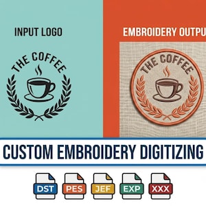 Op de afbeelding: Een vergelijking naast elkaar toont een invoerlogo met een zwart koffiekopje en de tekst THE COFFEE in een lauwerkrans, naast een ronde geborduurde patchversie. Daaronder de tekst CUSTOM EMBROIDERY DIGITIZING en vijf bestandspictogrammen.