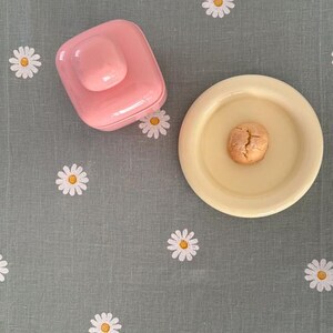 以下が含まれることがあります： 蓋付きのピンクの正方形の容器と、白いボウルに入った小さなクッキー。緑色のテーブルクロスには白いデイジー柄が施されています。