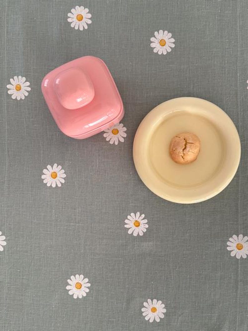 以下が含まれることがあります： 蓋付きのピンクの正方形の容器と、白いボウルに入った小さなクッキー。緑色のテーブルクロスには白いデイジー柄が施されています。