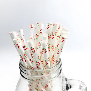 Cherry Paper Straws – Eco-Friendly Disposable Straws for Parties, Baby Showers, Weddings – Biodegradable Red Cherry Print Straws – Set of 25