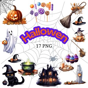 May include: A collection of Halloween-themed illustrations on a white web background. The image includes a jack-o'-lantern, a black cat, a haunted house, a witch's cauldron, and various candies. The word "Halloween" is written in orange and purple.