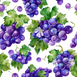 Seamless Watercolor Purple Grapes Pattern, Fruit Summer Printable Design, Botanical Background for Fabric,Scrapbook Paper