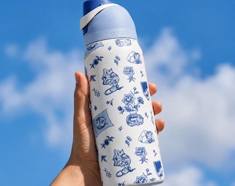 Owala FreeSip Stainless Steel Water Bottle - Delft Cat, 2026 Summer Washable Reusable Hydrate Gift, Kitchenware Drinkware Tumbler