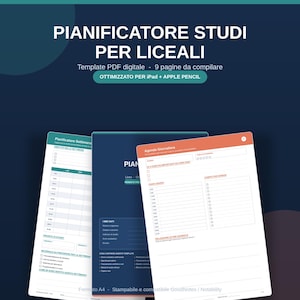 Può includere: Un modello di pianificatore di studi digitale in formato PDF per studenti delle scuole superiori con nove pagine compilabili. Il layout include programmi giornalieri e settimanali, liste di cose da fare e sezioni per le priorità di studio.