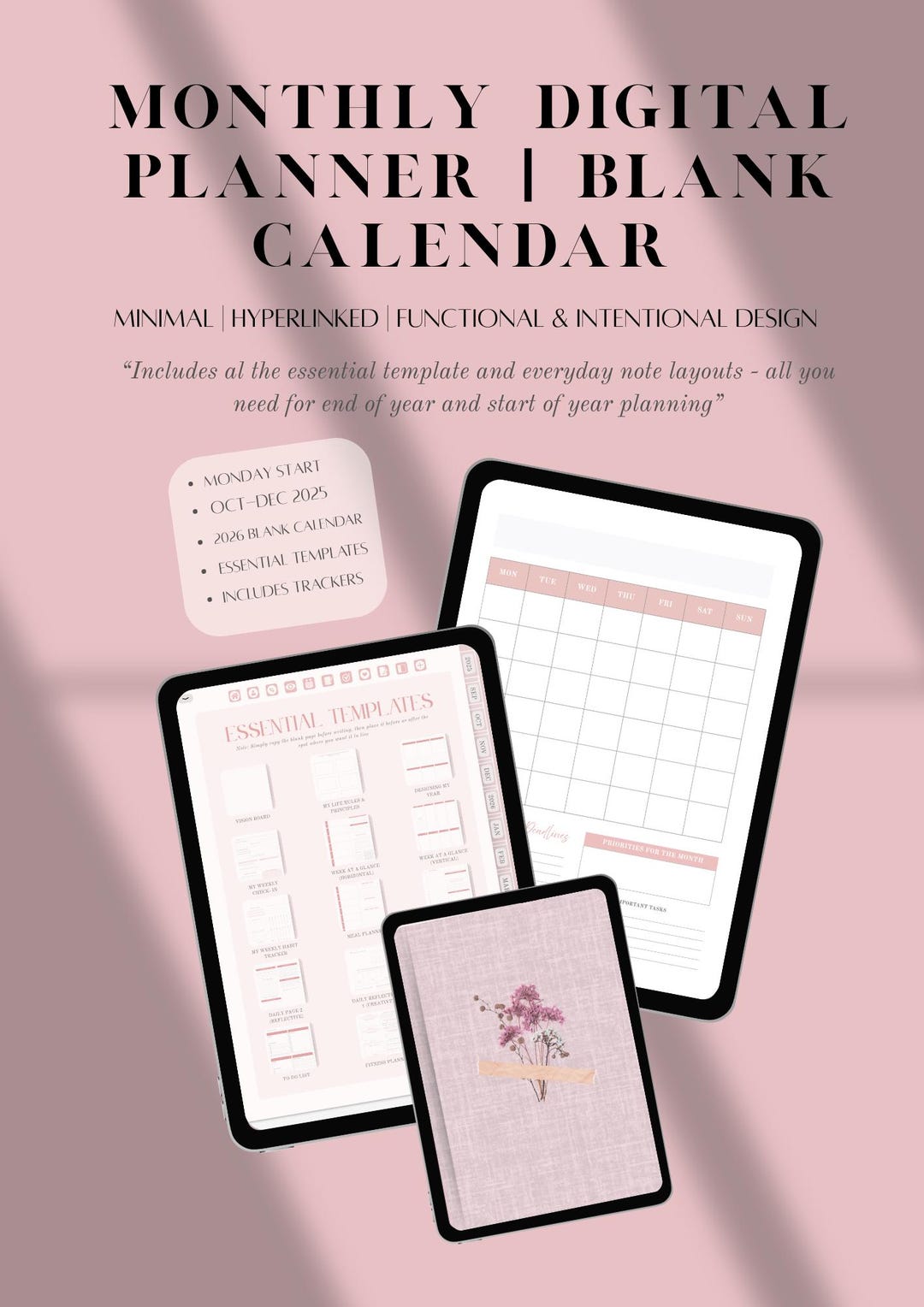 Undated Monthly Digital Planner for iPad | Blank Calendar + Hyperlinked ...