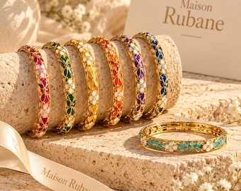 Jonc thaïlandais doré à fleurs colorées – Bracelet rigide émaillé femme – Bijou bohème chic – Maison Rubane