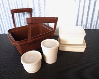 Vintage Tupperware Lunchbox with All parts, Brown Pak N Carry Tupperware Lunch Box with Sandwich Box Snack Cup Tumbler and Square Round