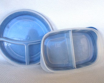 Set of 2 Vintage Rubbermaid Divided Servin Saver, #14 Round Plate 556B & Blue Tab Lid #556L and 556R Rectangle with 553J Easy Open Lid