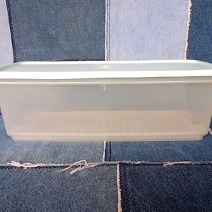 May include: A clear plastic storage container with a light green lid. The container has a built-in strainer.